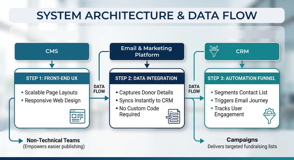 A diagram explaining the flow of data through a CMS, email marketing platform and CRM.